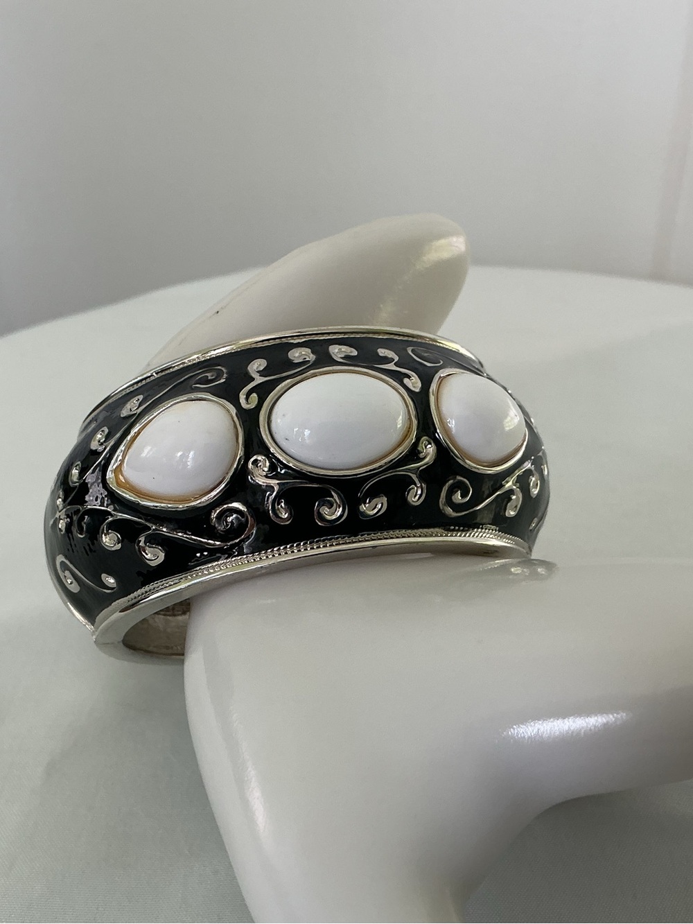 Vintage White Stone and Black Enamel Cuff Bracelet